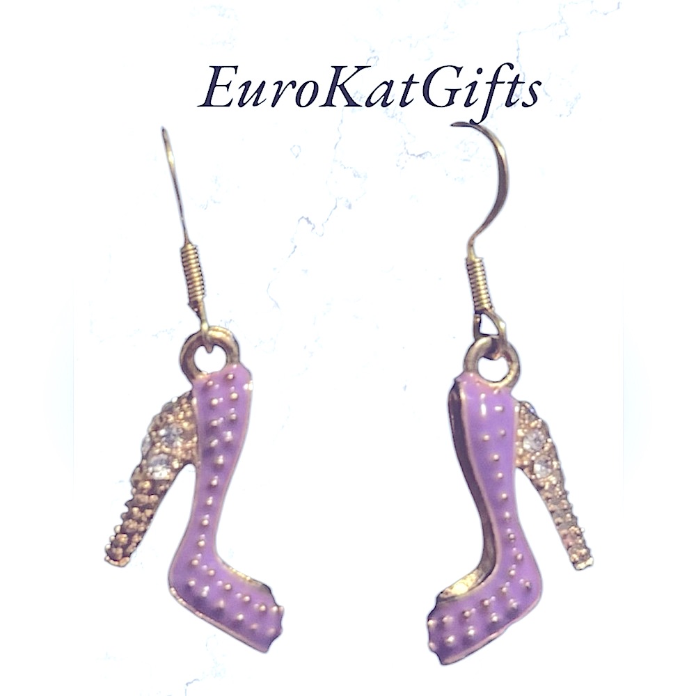 Crystal Rhinestone High Heel Dangle Earrings Platform Stiletto 1.5” Purple New